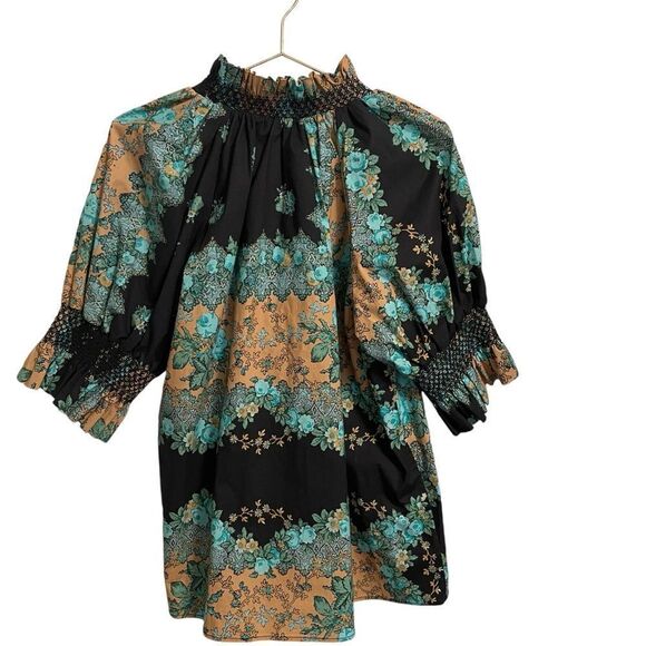 Figue Halima Top Blouse Smocked Floral Short Sleeve Size XL NWT - Picture 7 of 9